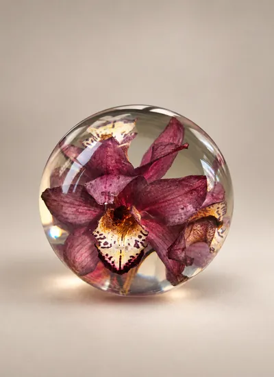 Orquídea preservada dentro de uma esfera de resina