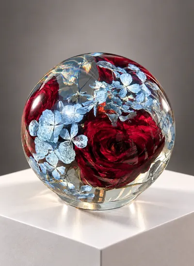 Esfera de resina com rosas vermelhas e hortênsias azuis