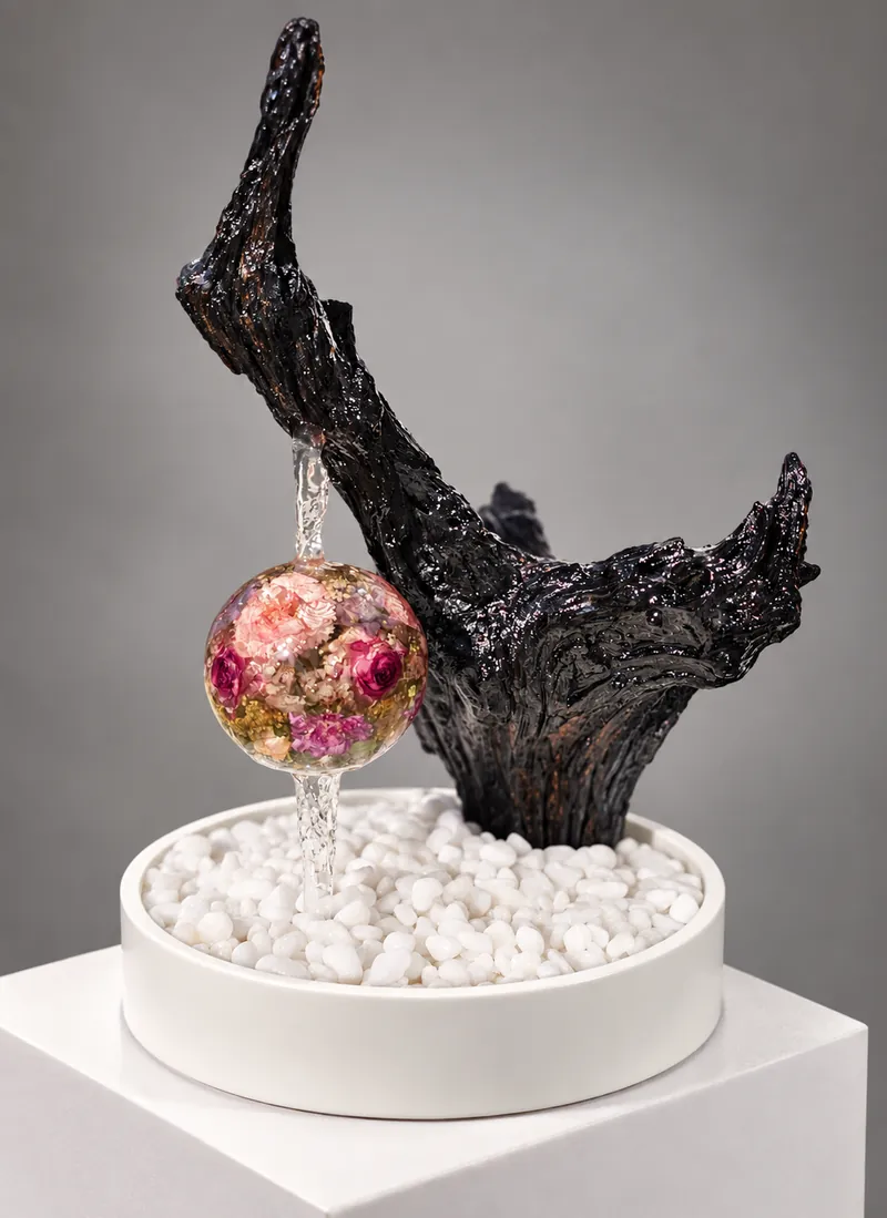 Fonte de água com tronco escuro e esfera de resina com flores suspensa
